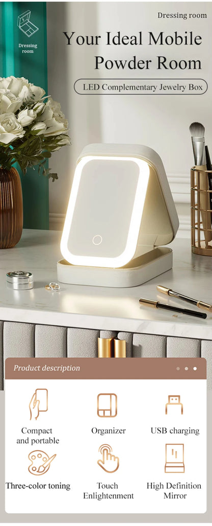 Boîte de rangement portable pour cosmétiques avec miroir lumineux à LED